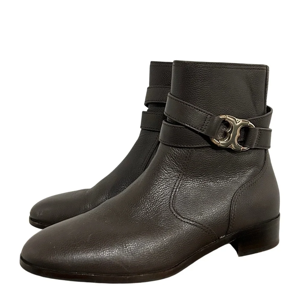 Tory Burch Gemini Gold Link Brown Leather Ankle Boots 8.5 Old Money Quiet Luxury